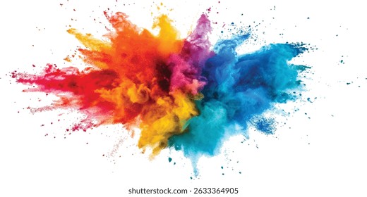 Pó holi colorido sobre fundo branco. Explosão colorida do pó da cor da pintura holi do arco-íris vibrante com o fundo branco isolado das cores brilhantes.	