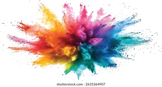 Pó holi colorido sobre fundo branco. Explosão colorida do pó da cor da pintura holi do arco-íris vibrante com o fundo branco isolado das cores brilhantes.	