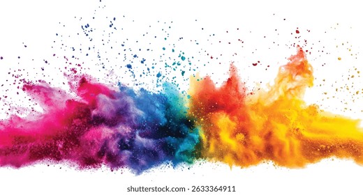 Colorful holi powder on white background. Colorful vibrant rainbow holi paint color powder explosion with bright colors isolated white background.	