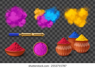 Colorful Holi powder and traditional pots on a transparent background.