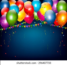 Colorful holiday background with balloons and confetti. Vector.