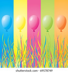Colorful holiday balloons with ribbons on a background of colored bands