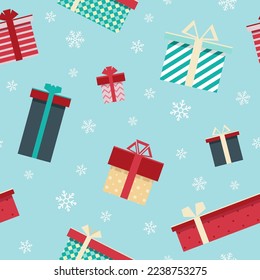 Colorful holiday boxes with bows and a set of ribbons. Christmas boxes illustration. Seamless background with boxes. Gift set for Christmas and birthday. holiday gift box.