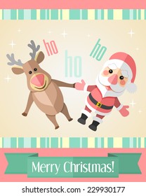 Colorful holiday Christmas card with Santa Claus and reindeer and green ribbon