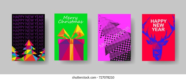 Colorful holiday Christmas cover trendy design template, Vector backgrounds set. Design industry for posters, placards,banners, flyers. Hand drawn illustration.