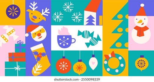 Colorful holiday festivities: christmas symbols and decorations for seasonal cheer. Geometry banner