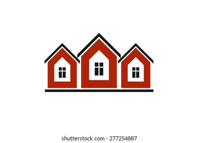 Colorful holiday houses vector illustration, home image. Touristic and real estate creative emblem, cottages front view. Countryside theme.