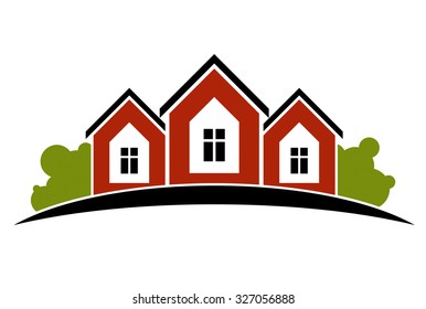 Colorful holiday houses vector illustration, home image with horizon line. Real estate theme element.