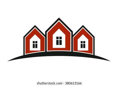 Colorful holiday houses vector illustration, home image with horizon line. Touristic and real estate creative emblem, cottages front view.