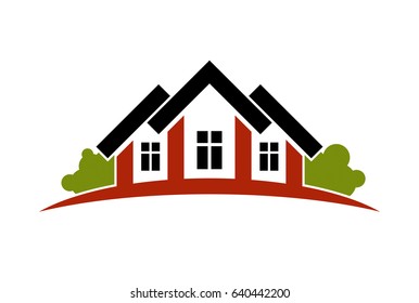 Colorful holiday houses vector illustration, home image with horizon line. Touristic and real estate creative emblem, cottages front view.