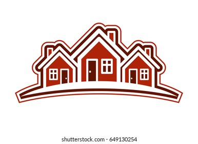 Colorful holiday houses vector illustration, home image with horizon line. Touristic and real estate creative emblem, cottages front view.