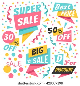 Colorful holiday sale paper banners, origami badges set, discount labels set with confetti. Trendy flat design graphic elements. Creative concept. Vector illustration. Isolated on white background