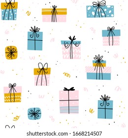 Coloridas vacaciones sin fisuras con diferentes cajas de regalo. Perfecto para tarjetas de Navidad o cumpleaños, papel de envolver de vacaciones.
