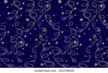 Colorful holiday seamless pattern with iridescent serpentine ribbons on dark blue. Greeting card, gift packaging., wrapping paper. Naive scrabble style collection for happy new year. 