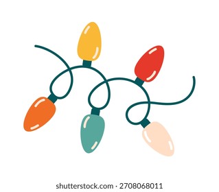 Coloridas luces de cadena de vacaciones con bombillas festivas. Ilustración vectorial de estilo plano. Ideal para bordes de temporada, decoración navideña, tarjetas de felicitación, pegatinas, gráficos para Navidades y celebración del Año Nuevo