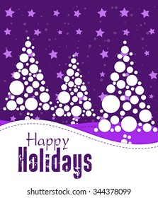 Colorful holidays postcard with christmas trees on snow background in purple colors