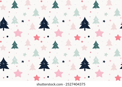 Colorful holiday-themed pattern with trees and stars on a light background. Vector Illustration