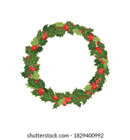 Colorful holly wreath. Christmas frame with green leaves, red holly berries. Xmas border with place for text. Vector illustration. Cartoon design decoration, new year gift, postcard, congratulation