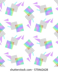 Colorful hologram rectangle. Seamless pattern with iridescent rainbow square and black shapes. Style of the 80's and 90's, webpunk, vaporwave, kitsch, aesthetic, bright vector illustration EPS 8