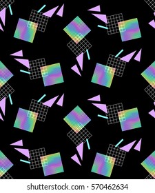 Colorful hologram rectangle. Seamless pattern with iridescent rainbow square and white shapes. Style of the 80's and 90's, webpunk, vaporwave, kitsch, aesthetic, bright vector illustration EPS 8