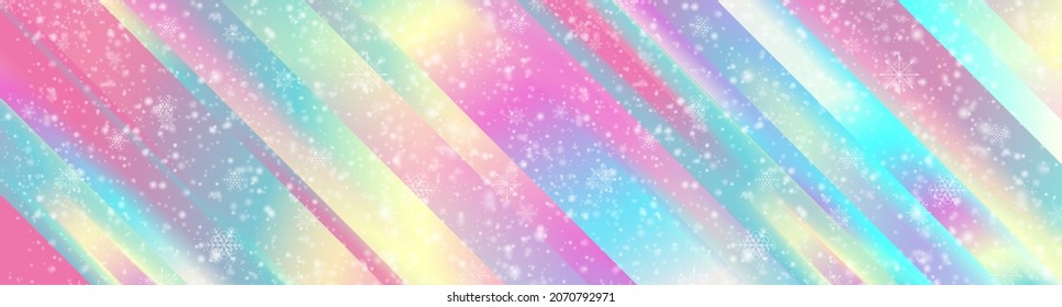 Colorful holographic abstract Christmas background with snow. Vector banner design