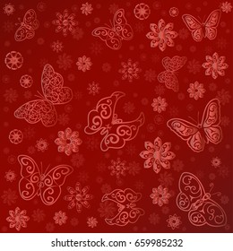 Colorful holographic background with glowing flowers and butterflies on red