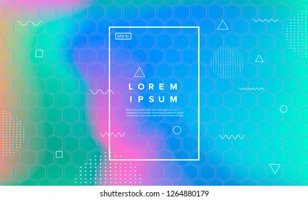 Colorful holographic blurred background with hexagon pattern and geometric elements. Futuristic sci-fi style backdrop.