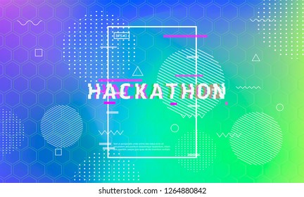 Colorful holographic blurred background with hexagon pattern and geometric elements for Hackathon event. Futuristic sci-fi style template.