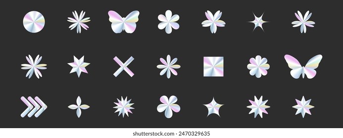 Colorful holographic element set. Heart, daisy, butterfly, star, flower in trendy retro y2k style. Vector illustration.