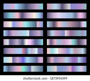 Colorful holographic gradient colection. Set of gradients with hologram effect. Trendy holographic foil texture for your design. Isolated on black background. Vector EPS 10.