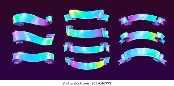 Colorful holographic ribbons with shiny gradient texture on dark background. Long horizontal chrome banner. Glossy, curved elements perfect for digital game or web design, decoration, and banners.