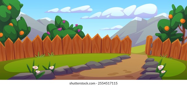 Colorful home backyard with wooden fence, green bushes with flowers and fruit trees. Stone path leads through garden surrounded by grass and small plants. Clear sky and distant mountains in background