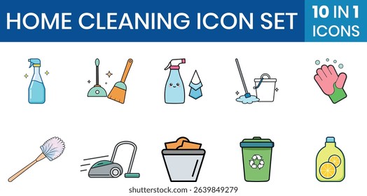 Colorful home cleaning icon set in flat style. Includes spray bottle, mop, gloves, vacuum, bucket, and more. Ideal for housekeeping, hygiene, and cleaning service designs.
