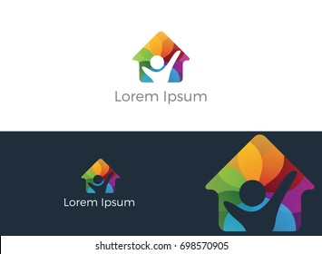 Colorful home with happy kid vector logo design. Charity, help and support organization vector design.