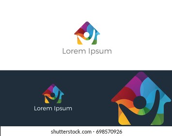 Colorful home with happy kid vector logo design. Charity, help and support organization vector design.