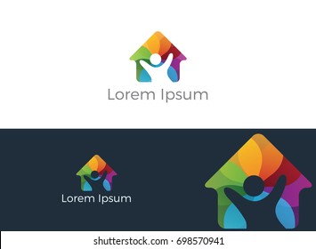 Colorful Home With Happy Kid Vector Logo Design. Charity, Help And Support Organization Vector Design.