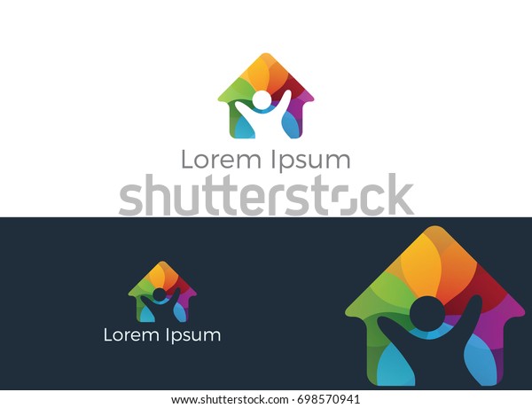 Colorful home with happy kid\
vector logo design. Charity, help and support organization vector\
design.