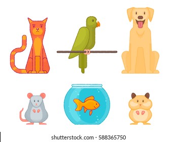 Colorful Home Pet Vector Set. Cat, Dog, Mouse, Budgie, Hamster And Aquarium With Fish Isolated On White Background.
