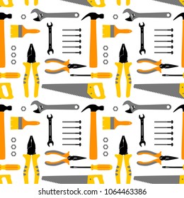 Colorful home repair and house renovation seamless pattern with construction work tools. Hand instrument: hammer, screwdriver, spanner, wrench, pliers, vector