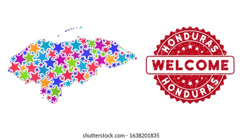 Colorful Honduras map composition of stars, and textured round red WELCOME stamp. Abstract territorial plan in bright color tinges. Vector Honduras map is designed of bright stars.