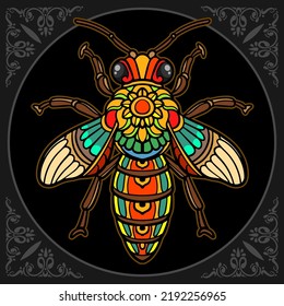 Colorful honey bee zentangle arts isolated on black background