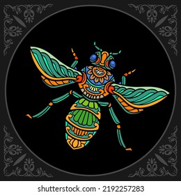 Colorful honey bee zentangle arts isolated on black background