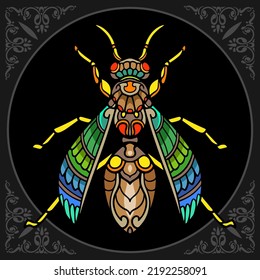 Colorful honey bee zentangle arts isolated on black background