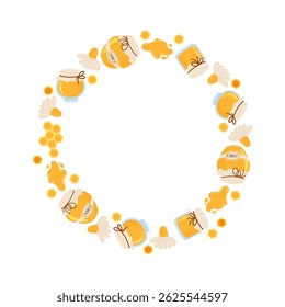 Colorful honey jars arranged in a circular pattern with honey and beeswax accents