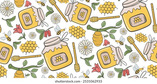 Colorful honey seamless pattern with hand drawn elements. Beekeeping themed background with flowers, hive, honey jar, bees, honeycomb. Bee honey print for textile, packaging, paper, products, vector