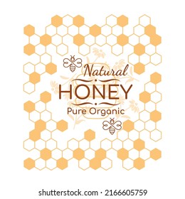 Colorful honey vector label with honeycomb. Organic and natural honey and bee symbol.