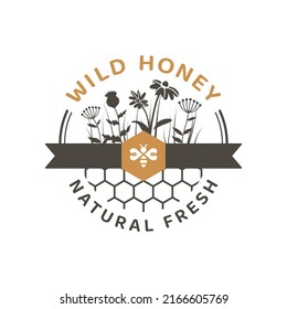Colorful honey vector label with honeycomb. Round badge with wild flowers and ribbon.