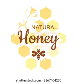Colorful honey vector label with honeycomb. Natural honey and bee symbol or logo.