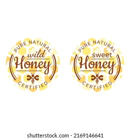 Colorful honey vector label with honeycomb. Wild, sweet and natural honey and bee symbol.