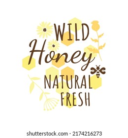 Colorful honey vector label with honeycomb. Wild natural honey and bee symbol.